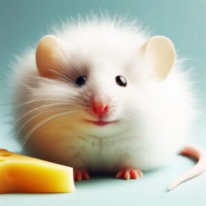 White fluffly mouse smiling with cheese nearby no danger here