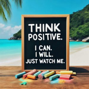 Think positive, i can, i will, just watch me on a blackboard with a relaxing beach background