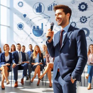 Business person happily speaking in public without fear and enjoying it