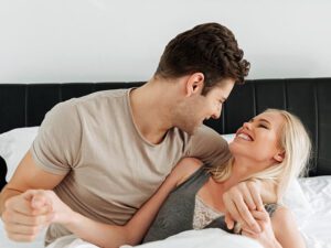 happy couple hugging